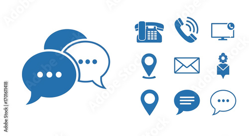 Collection of blue contact icons and communication bubbles.