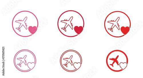 Set of six circular travel love icons with airplanes and hearts in pink and red.