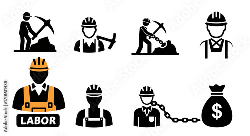 Collection of icons representing miners, laborers, and the concept of labor tied to financial gain.