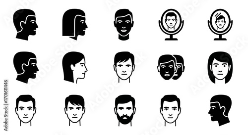 A collection of black and white icons depicting human heads and faces in various styles and angles, including profiles, front views, and mirror reflections.