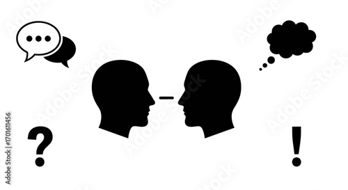 Two human silhouettes facing each other with speech bubbles, question mark, and exclamation point.