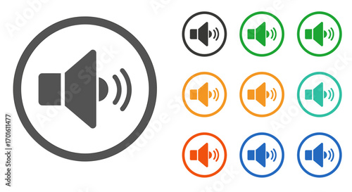 Speaker icon with sound waves in a circle, available in multiple colors.
