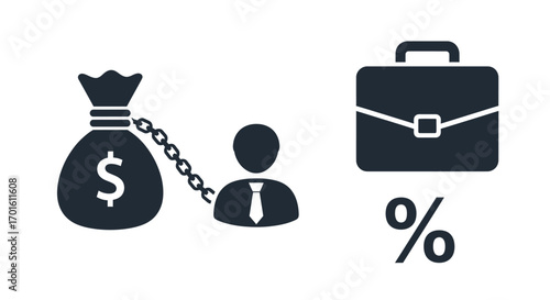 Person chained to money bag, briefcase with percentage sign.
