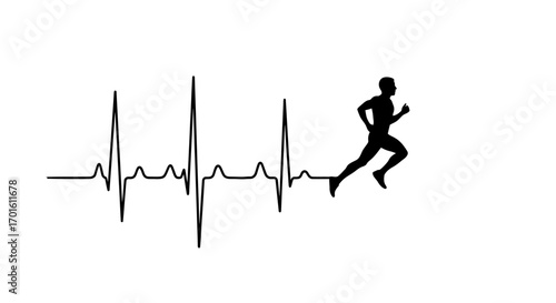Silhouette of a runner with a heartbeat line, symbolizing fitness and health, on a white background.