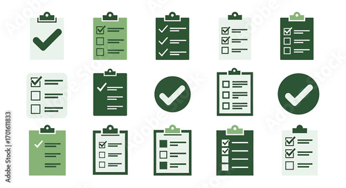 Collection of checklist icons, various styles and completion statuses.