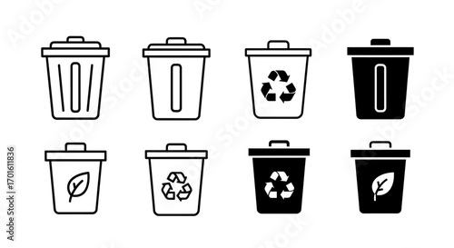 A collection of eight black and white icons representing trash cans, recycling bins, and eco-friendly waste disposal.