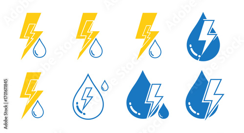 Collection of stylized icons representing electricity and water, featuring lightning bolts and water drops in yellow and blue.