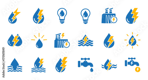 A set of blue and yellow icons illustrating water, electricity, and hydropower concepts, including drops, lightning, power plants, and taps.