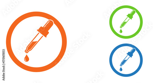 Three circular icons featuring a dropper dispensing liquid, each with a different colored outline.