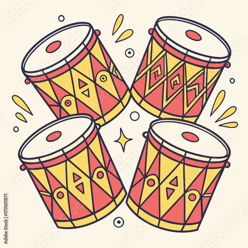 Four vibrant dhol drums arranged in a circular pattern with festive accents