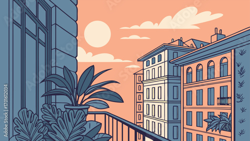 View from a balcony with potted plants overlooking city buildings at sunset, with warm orange sky and clouds, creating a peaceful urban atmosphere in a stylized illustration