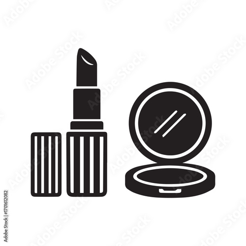 Lipstick and compact mirror icon. Makeup and cosmetics vector silhouette. Black and white beauty accessory graphic.
