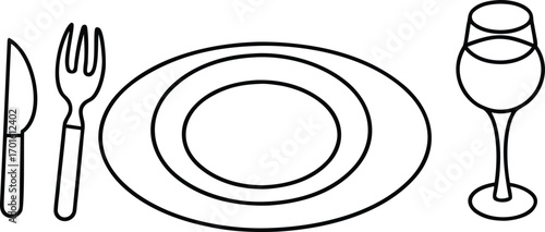 Black outline of place setting with plate fork knife and wine glass