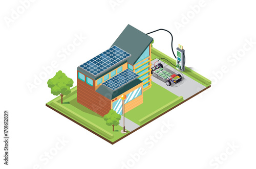 Isometric illustration of charging an electric car battery at home using solar panels, Suitable for Diagrams, Infographics And Other Graphic Related Assets