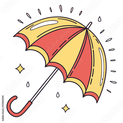 A yellow and red umbrella with raindrops illustration