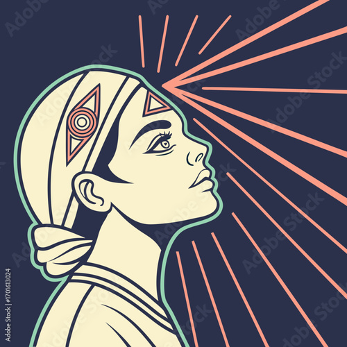 A woman with a third eye is radiating light and spiritual enlightenment