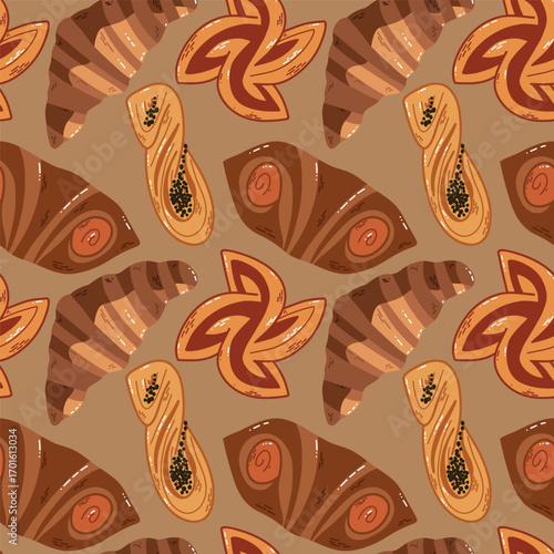 Seamless Pattern with Delightful Pastry and Croissant on Beige Background. Charming seamless pattern featuring various pastries including croissants and rolls, set against a beige tone. Designed 