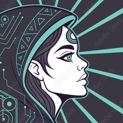 A woman with a third eye in a futuristic hood radiates spiritual energy