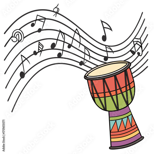 A vibrant djembe drum plays a lively tune with musical notes floating around