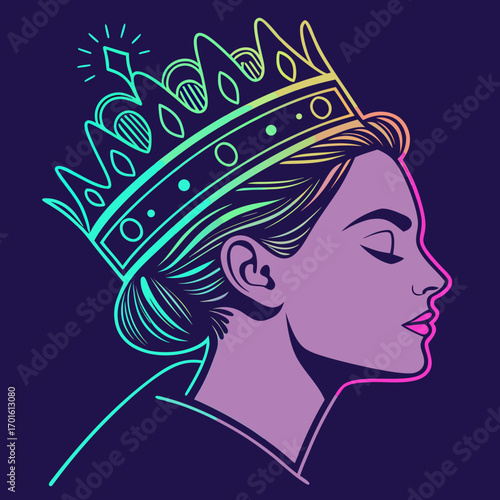 A queen with a crown in a neon style looks to the side with elegance