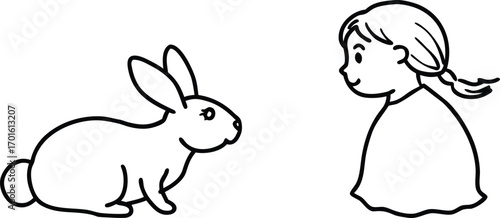 Black and white line drawing of a girl and a rabbit