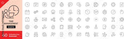 Time management related icon collections. Containing clock, calendar, schedule, deadline, planner, stopwatch, reminder, task, productivity, timer icons. Outline icons. Editable stroke. 