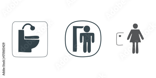 A collection of modern public restroom and hygiene icons, including a bidet, male shower symbol, and female pictogram sign on a white background