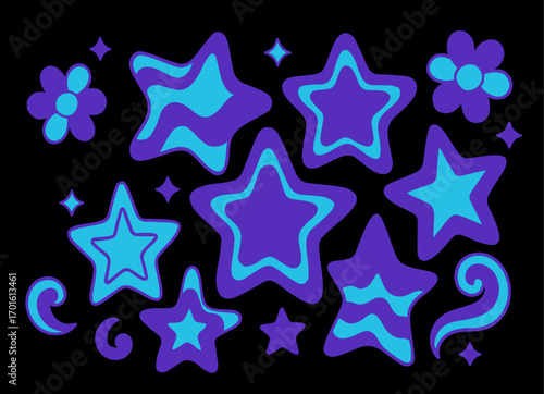 Groovy Funky Star Cluster. Groovy funky shapes psychedelic cartoon elements in retro style with purple,blue colors. Vector illustration sticker set