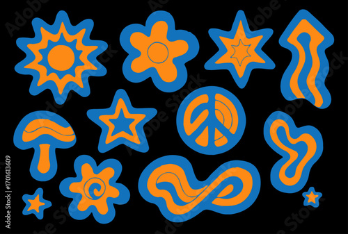 Mixed Retro Groovy Elements. Groovy funky shapes psychedelic cartoon elements in retro style with orange,blue colors. Vector illustration sticker set