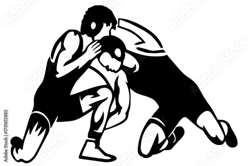 Illustration of two wrestlers grappling in a powerful stance.