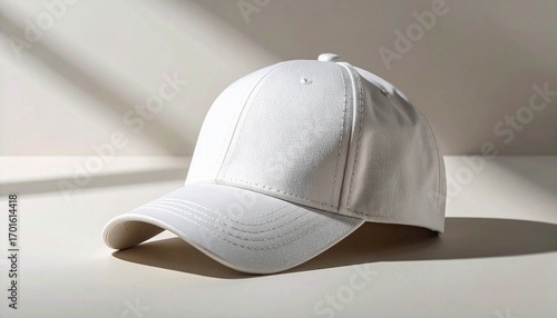 Minimalist white baseball cap with a curved visor sitting on a clean surface, with strong shadows cast from a window, perfect as a blank product mockup for design