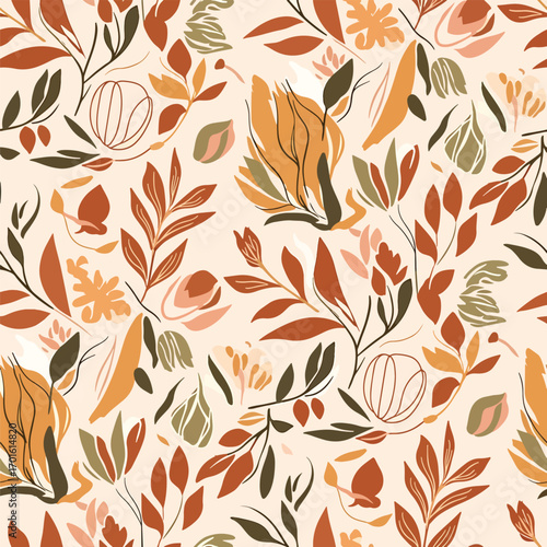 Abstract floral seamless pattern with leaves and flowers in warm earth tone colors, seamless pattern, Stock royalty free image.