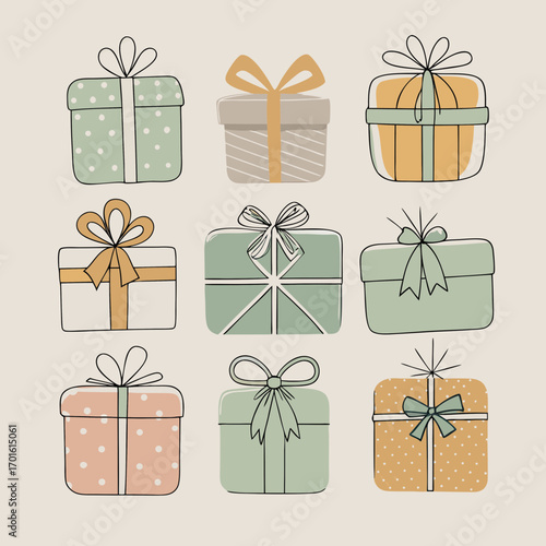 A collection of nine hand drawn gift boxes with ribbons and bows in pastel colors and simple patterns