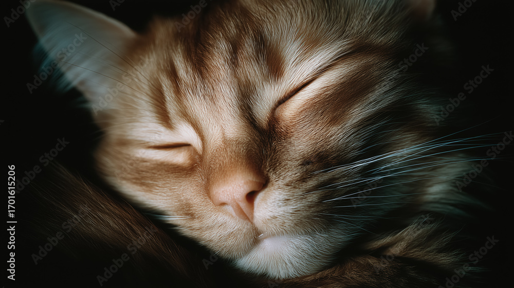 Fototapeta premium Close-up of sleeping ginger cat with soft fur and whiskers