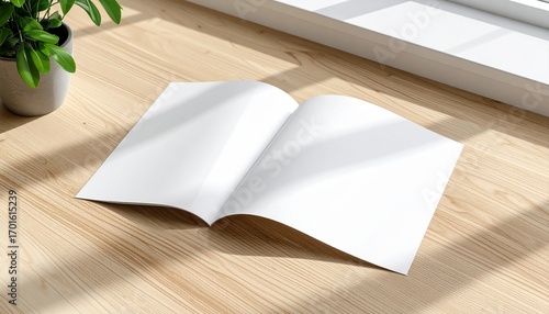 Clean and modern empty brochure layout on a sunlit wooden surface with a houseplant, perfect for a mockup or publication template
