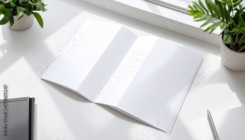 Blank tri-fold brochure mockup on a clean white office desk with plants and natural sunlight, ideal for corporate branding presentations