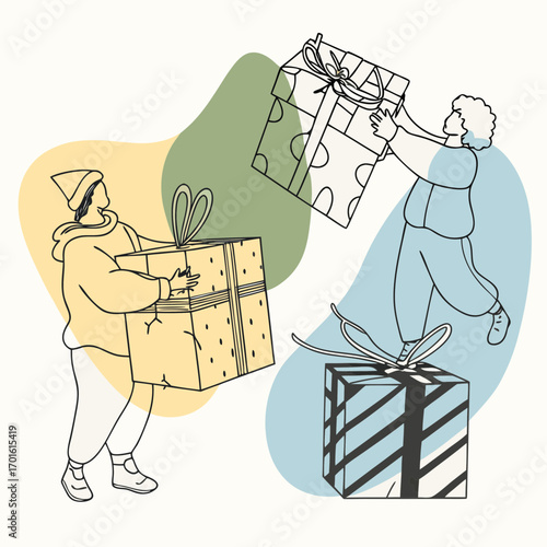 Two people in a minimalist illustration style carrying and exchanging large wrapped gift boxes with ribbons and bows against abstract colorful blobs
