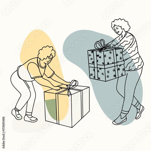 Two women happily wrapping and carrying gift boxes with bows celebrating special occasions and festive moments with presents