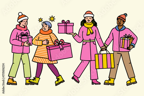 Diverse group of people in winter clothing happily carrying colorful gift boxes and shopping bags during the holiday season