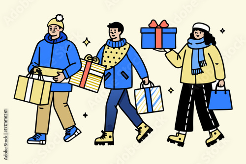 Three diverse cartoon people in winter clothing carrying shopping bags and gift boxes walking together happily