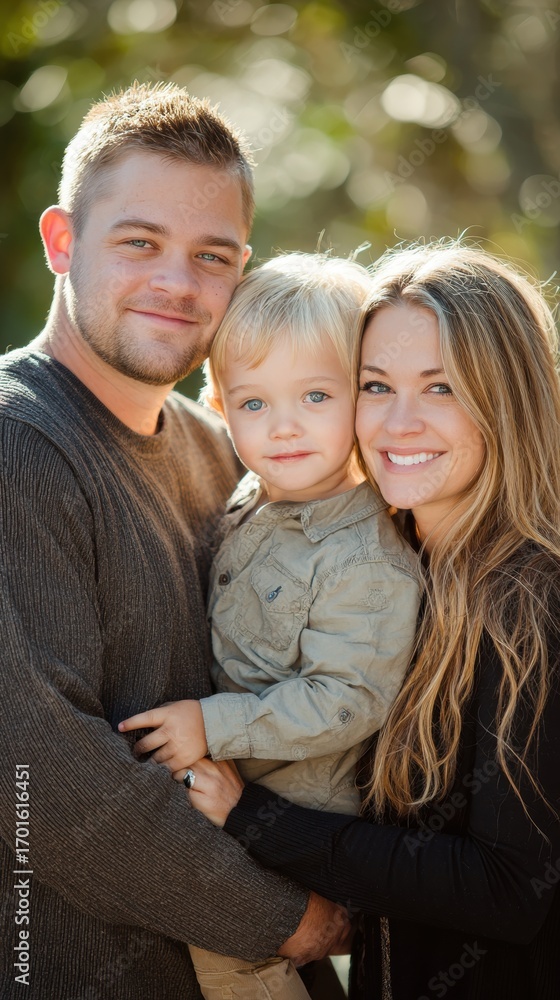 Fototapeta premium Happy Family Portrait: Mom, Dad, and Toddler Son