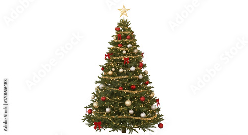 Decorated Christmas tree with ornaments and golden star isolated PNG with Transparent Background