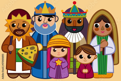 Charming cartoon nativity scene featuring the three wise men and baby jesus with mary and joseph