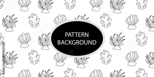 Outline popular coral reef pattern background. Coral reef or seaweeds vector underwater plant icons. Naive style leaves, algae or fronds. Hand drawn vector ink illustration. Corals and seaweed. 