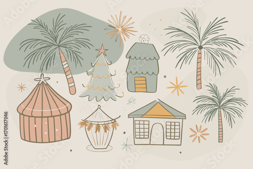 Whimsical hand drawn tropical christmas elements including palm trees festive houses a decorated christmas tree and starbursts in a muted color palette