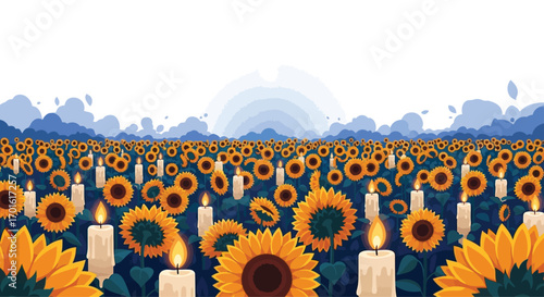 A field of sunflowers with candles lit in remembrance.