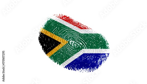 A fingerprint design showcases the South African flag in vibrant colors.