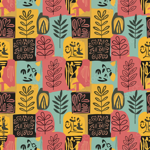 Abstract botanical pattern with hand drawn floral elements in a repeating arrangement., patern seamless, Stock royalty.