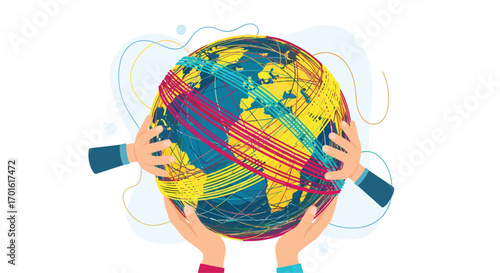 Hands holding the Earth with global network connections.