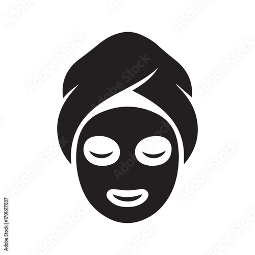 Facial mask icon, woman with towel wrap enjoying spa skincare treatment, beauty vector graphic.
